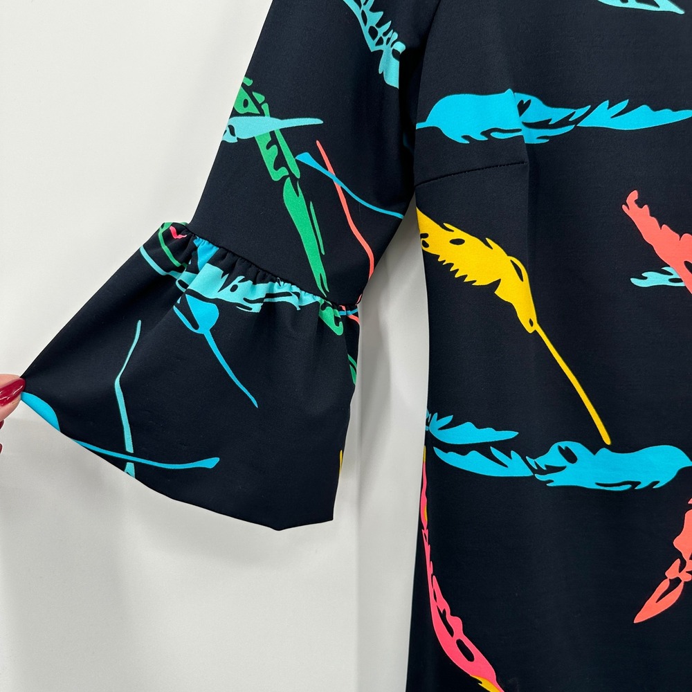 Julie Brown Womens Small Black Neon Bold Feather Print Ruffle Bell Sleeve Dress - Picture 3 of 9